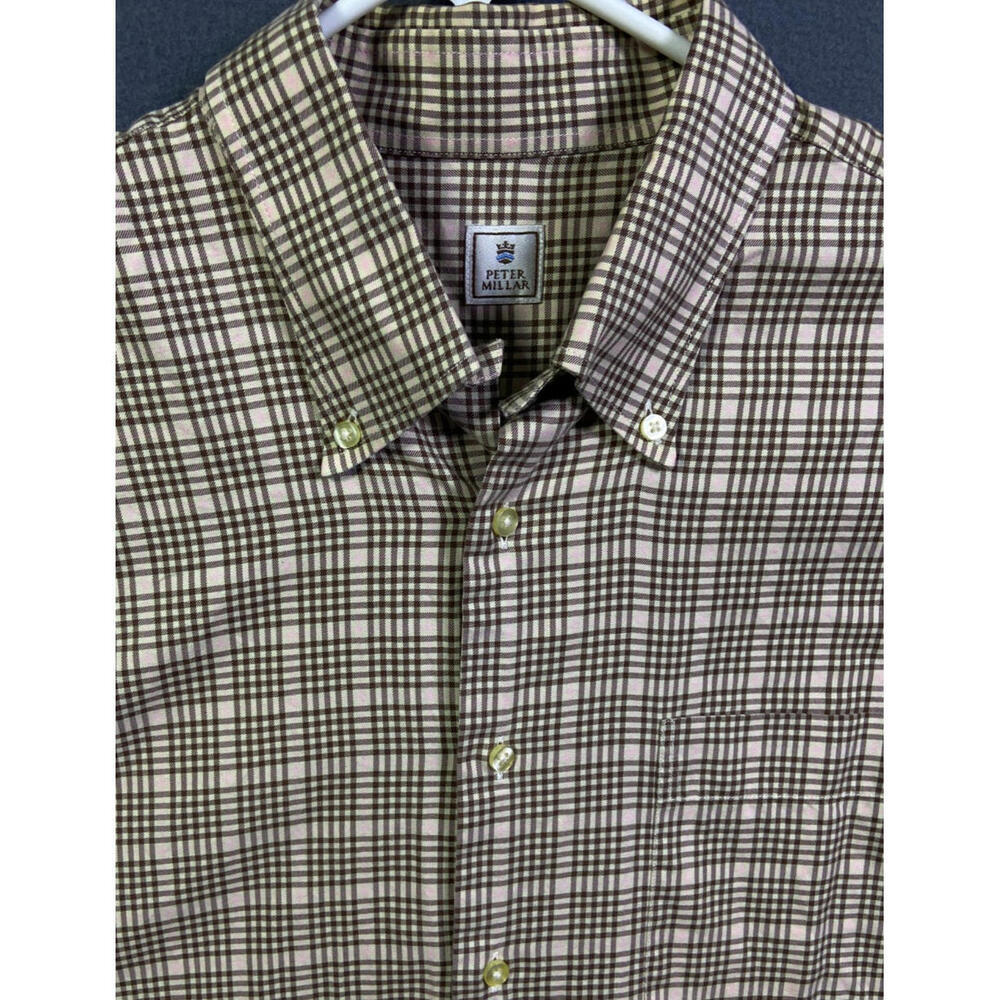 Peter Millar Men's Brown Pink Check Plaid L/S Button Down‎ Dress Shirt Large EUC